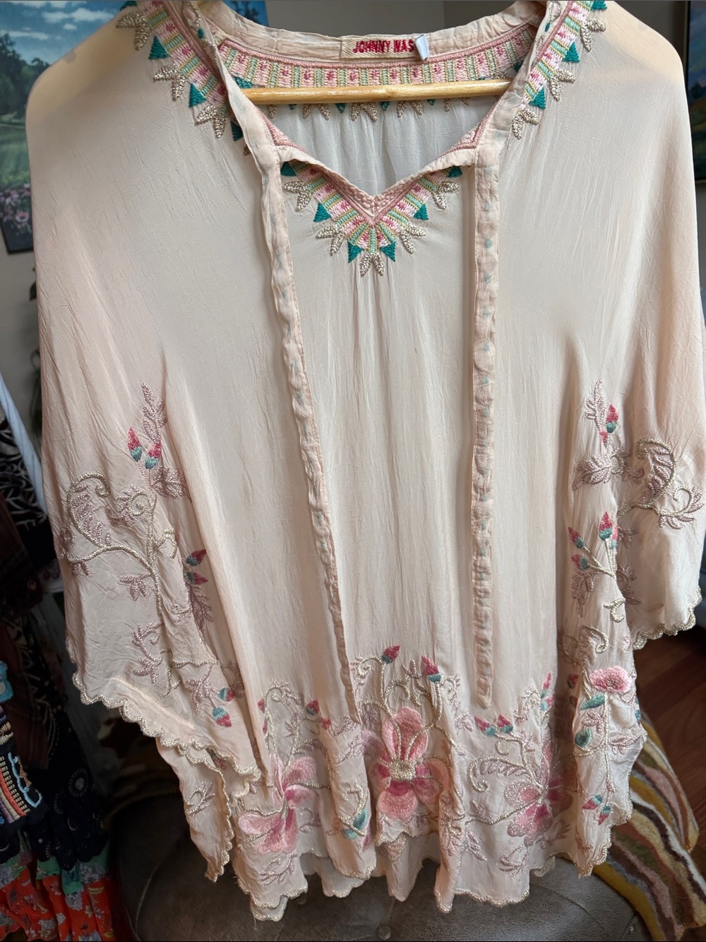 Johnny Was Cream Embroidered Boho Tunic with Pink & Teal Trim